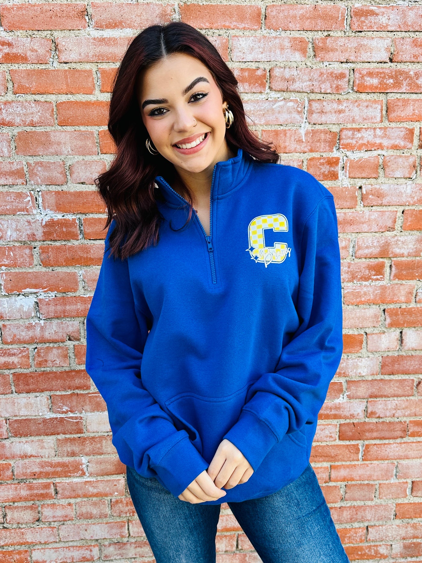 Community Braves Checkered Quarter Zip Pullover Sweatshirt • Blue-Harps & Oli-Shop Anchored Bliss Women's Boutique Clothing Store