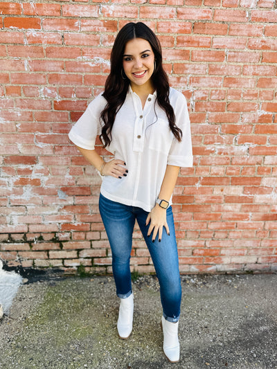In The Moment Top Button Up Top • White-Emerald Creek-Shop Anchored Bliss Women's Boutique Clothing Store