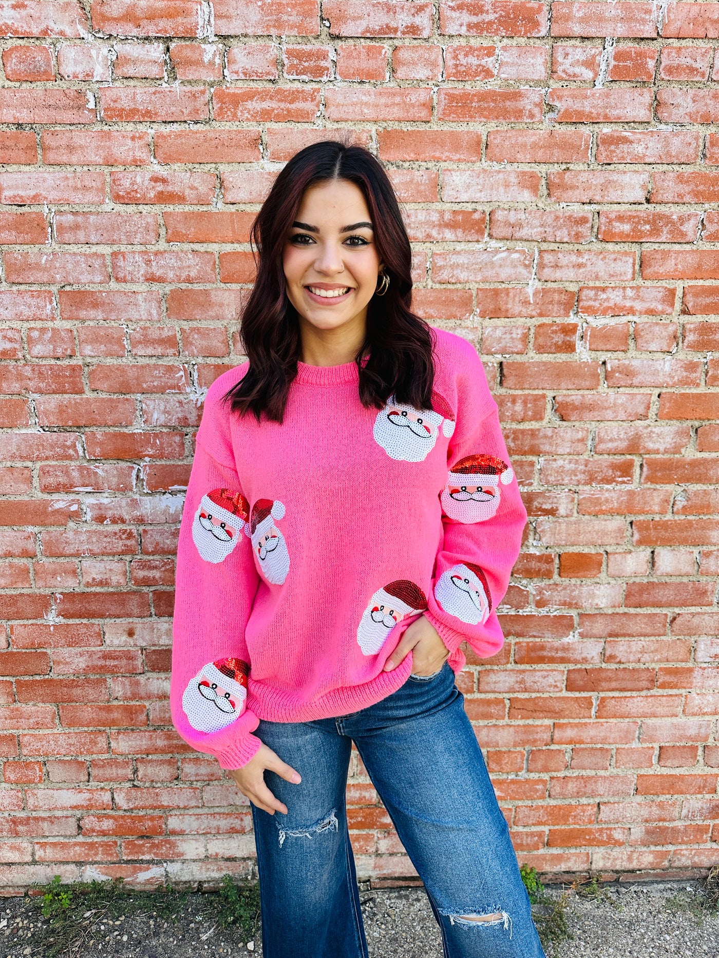 Sweet Santa Sequin Patch Sweater • Pink-Bibi-Shop Anchored Bliss Women's Boutique Clothing Store