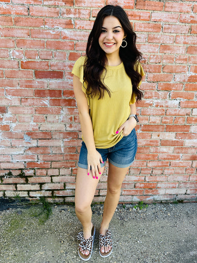 Finding My Joy Corded Ruffle Sleeve Top • Mustard-Tracy Zelenuk-Shop Anchored Bliss Women's Boutique Clothing Store