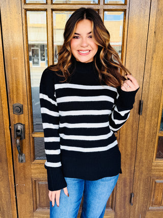 Thinking it Through Striped Mock Neck Sweater • Black-Zenana-Shop Anchored Bliss Women's Boutique Clothing Store