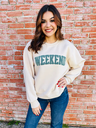 Weekend Chenille Embroidered Sweatshirt-Panache Apparel-Shop Anchored Bliss Women's Boutique Clothing Store