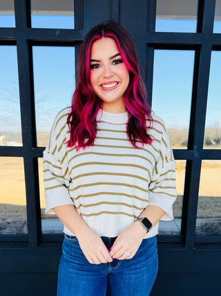 On My Mind Striped Drop Shoulder Sweater Top • Olive-Blu Pepper-Shop Anchored Bliss Women's Boutique Clothing Store