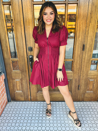Never Looking Back Puff Sleeve Mini Dress • Wine-Entro-Shop Anchored Bliss Women's Boutique Clothing Store