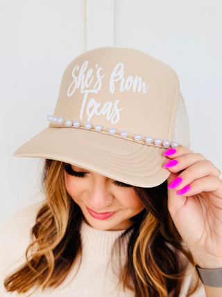 She’s From Texas Puff Print Pearl Chain Trucker Hat-Hart & Hollow-Shop Anchored Bliss Women's Boutique Clothing Store