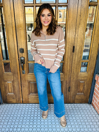 Lets Make Plans Striped Half Zip Sweater • Tan-HYFVE-Shop Anchored Bliss Women's Boutique Clothing Store