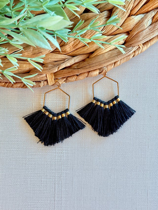 Andrea Hexagon Fringe Earrings • Black-DMC-Shop Anchored Bliss Women's Boutique Clothing Store