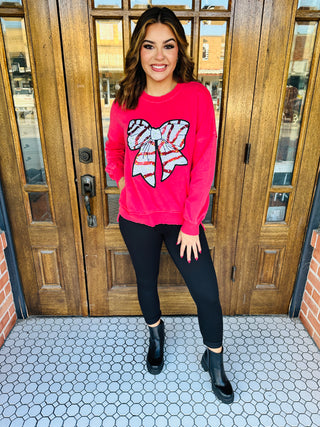 Tree Cake Bow Sequin Patch Pocket Sweatshirt Red-Harps & Oli-Shop Anchored Bliss Women's Boutique Clothing Store