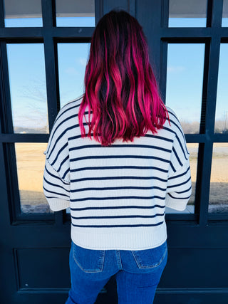 On My Mind Striped Drop Shoulder Sweater Top • Navy-Blu Pepper-Shop Anchored Bliss Women's Boutique Clothing Store