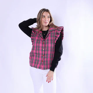Got a Feeling Plaid Ruffle Sleeve Vest • Pink-Top it Off-Shop Anchored Bliss Women's Boutique Clothing Store