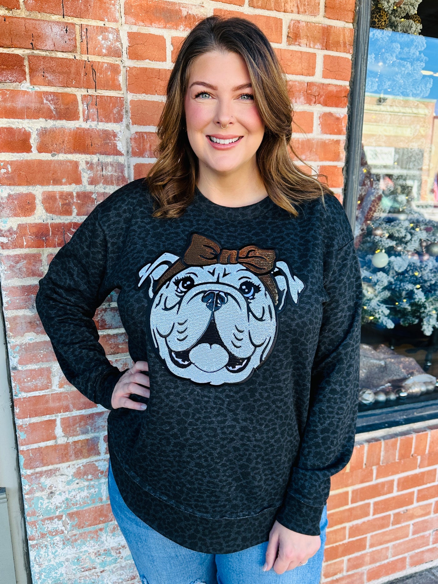 Bandana Bulldog Sequin Patch Sweatshirt • Black Leopard-Harps & Oli-Shop Anchored Bliss Women's Boutique Clothing Store