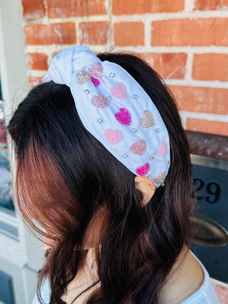 Full of Love Beaded Heart and Rhinestone Headband • White-DMC-Shop Anchored Bliss Women's Boutique Clothing Store