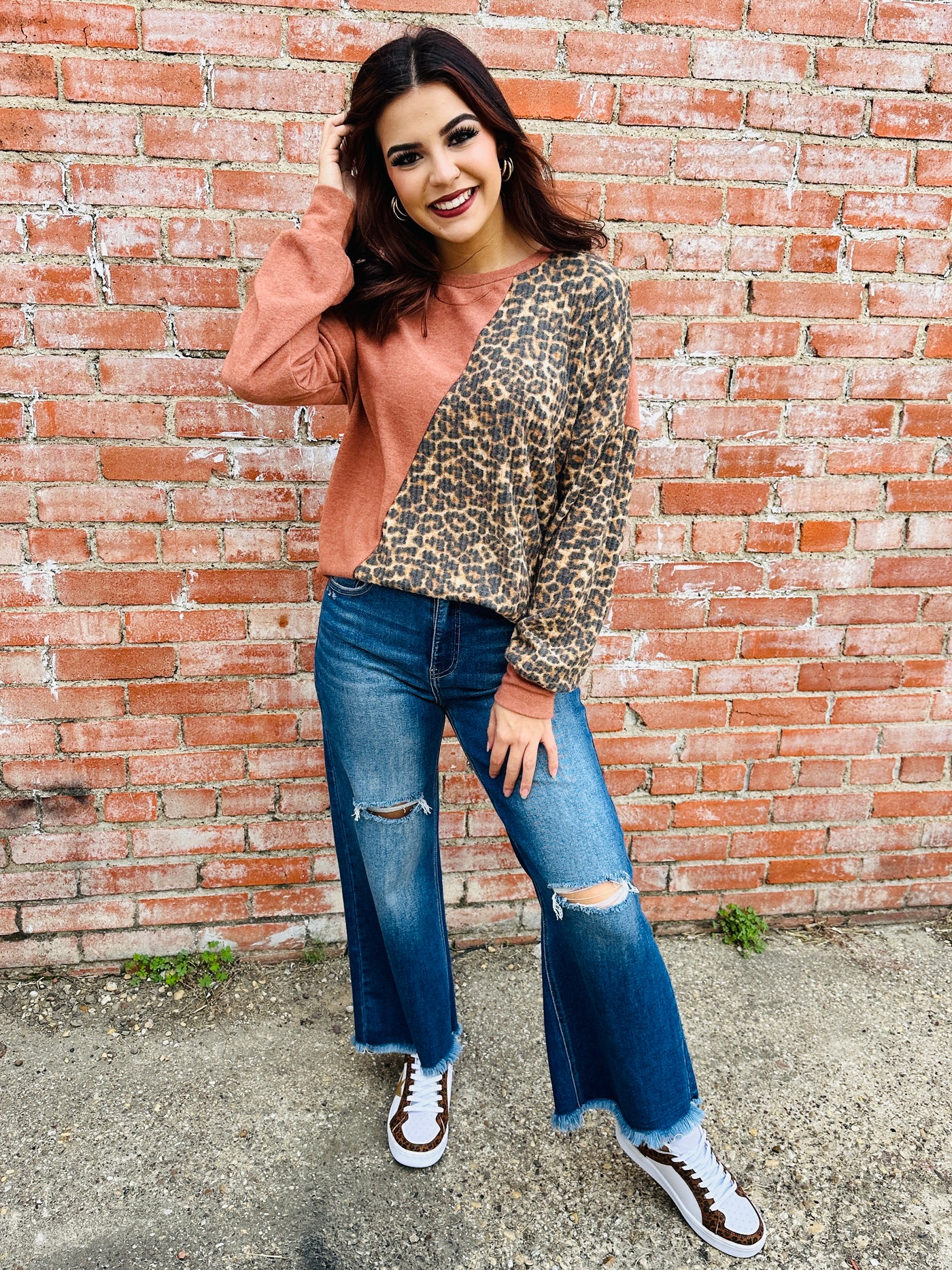 Back and Fourth Leopard Waffle Knit Top • Rust-Lovely Melody-Shop Anchored Bliss Women's Boutique Clothing Store