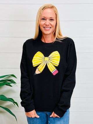 Sequin Pencil Coquette Bow Patch Sweatshirt-Harps & Oli-Shop Anchored Bliss Women's Boutique Clothing Store