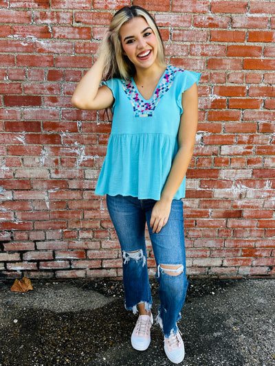 All That I Want Embroidered V-Neck Top • Teal-Kori-Shop Anchored Bliss Women's Boutique Clothing Store