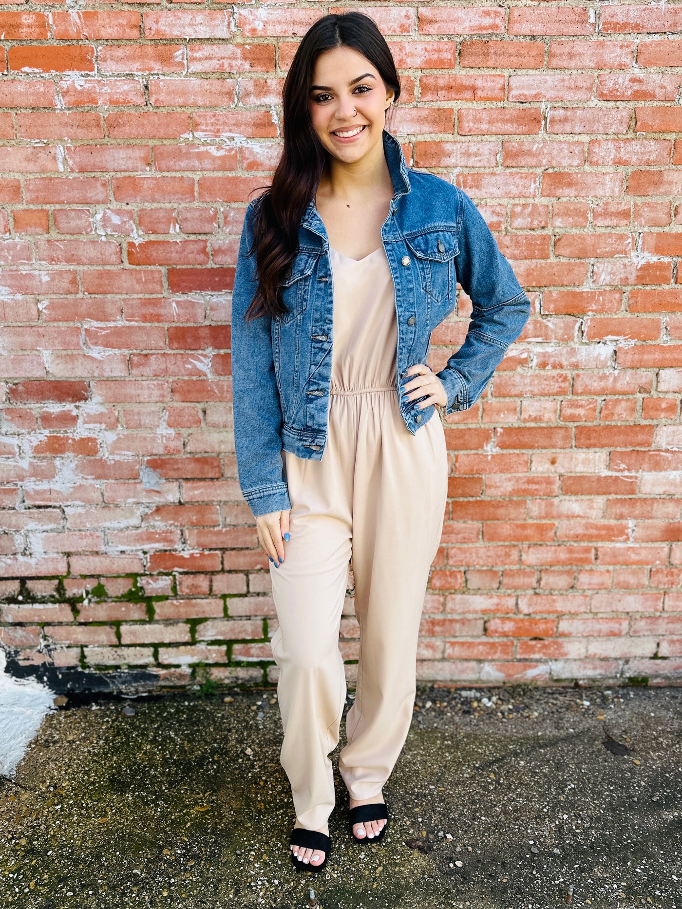 At First Glance V-Neck Jumpsuit • Beige-Andree by Unit-Shop Anchored Bliss Women's Boutique Clothing Store