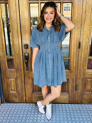 Thought Of You Denim Mini Dress • Blue-Stacey Kluttz-Shop Anchored Bliss Women's Boutique Clothing Store