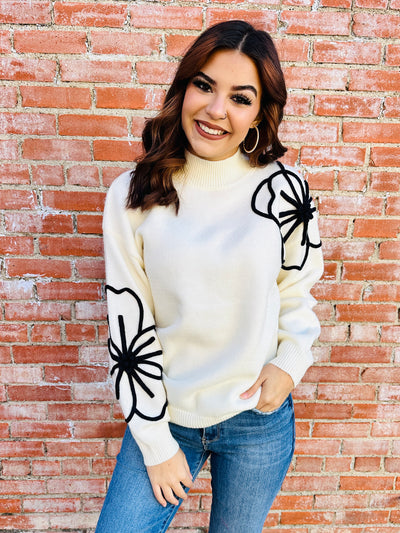 Let Me Adore You Flower Sweater • Cream-She+Sky-Shop Anchored Bliss Women's Boutique Clothing Store