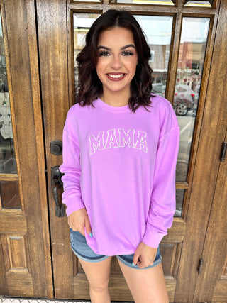 Mama Curved Block Embroidered Graphic Sweatshirt • Neon Purple-Harps & Oli-Shop Anchored Bliss Women's Boutique Clothing Store