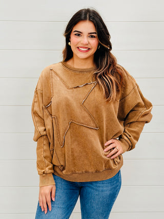 You Should Know Star Patch Pullover Top • Mocha-Easel-Shop Anchored Bliss Women's Boutique Clothing Store