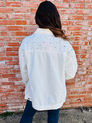 You're a Star Pearl & Rhinestone Denim Jacket White-Davi & Dani-Shop Anchored Bliss Women's Boutique Clothing Store