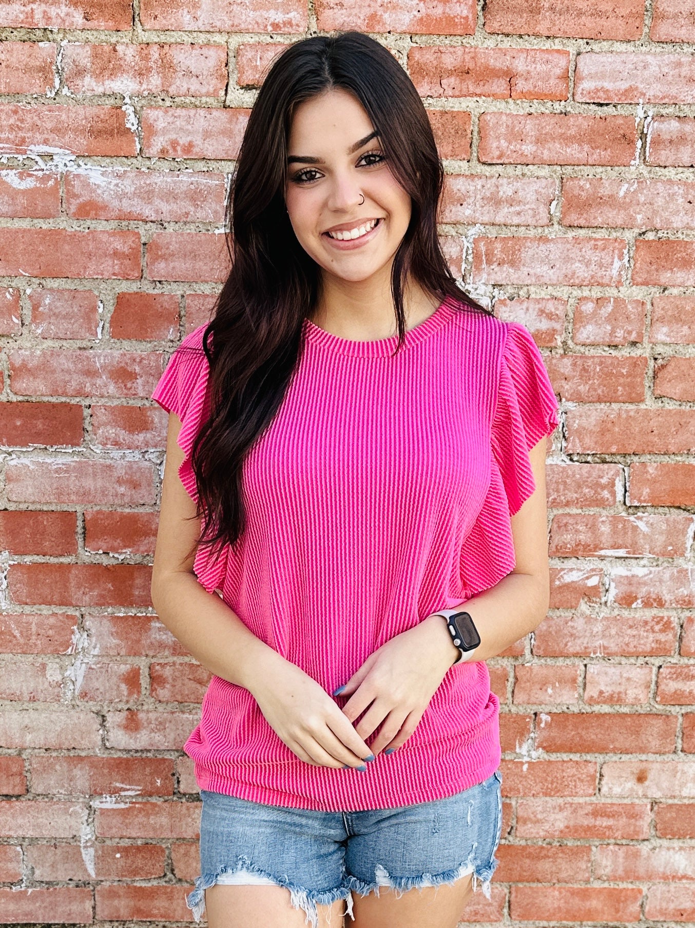 Finding My Joy Corded Ruffle Sleeve Top • Pink-Lovely Melody-Shop Anchored Bliss Women's Boutique Clothing Store