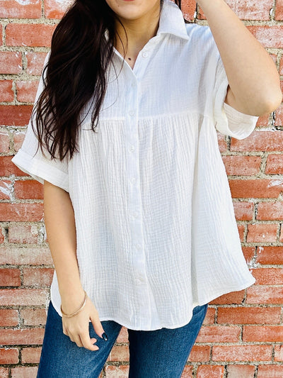 Distracted By You Button Down Babydoll Top • Ivory-Andree by Unit-Shop Anchored Bliss Women's Boutique Clothing Store