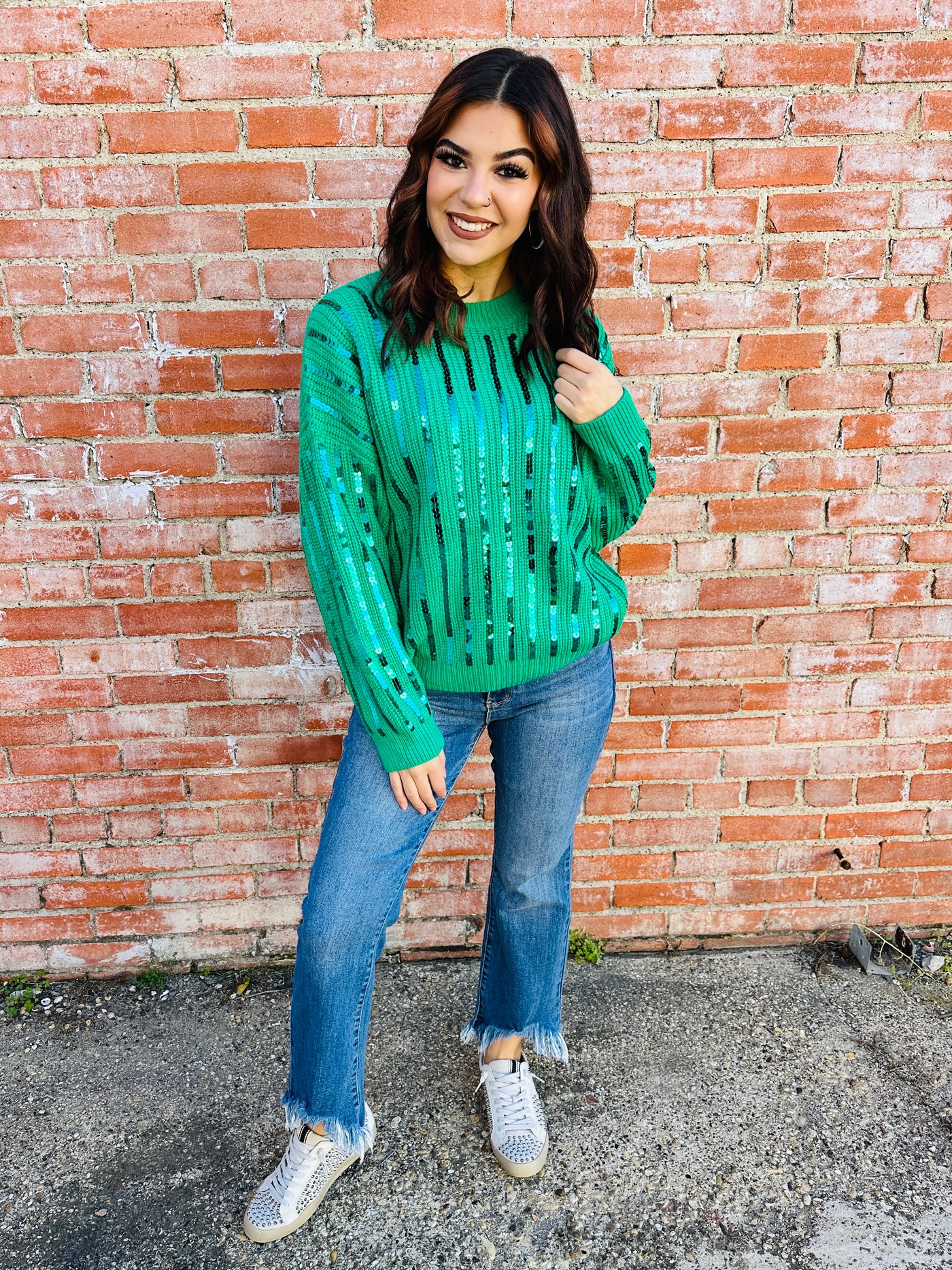 Listen to Your Heart Sequin Sweater • Green-She+Sky-Shop Anchored Bliss Women's Boutique Clothing Store