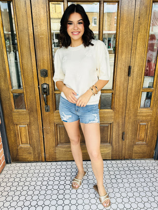 A Solid Love Knitted Flower Top • Cream-Oddi-Shop Anchored Bliss Women's Boutique Clothing Store