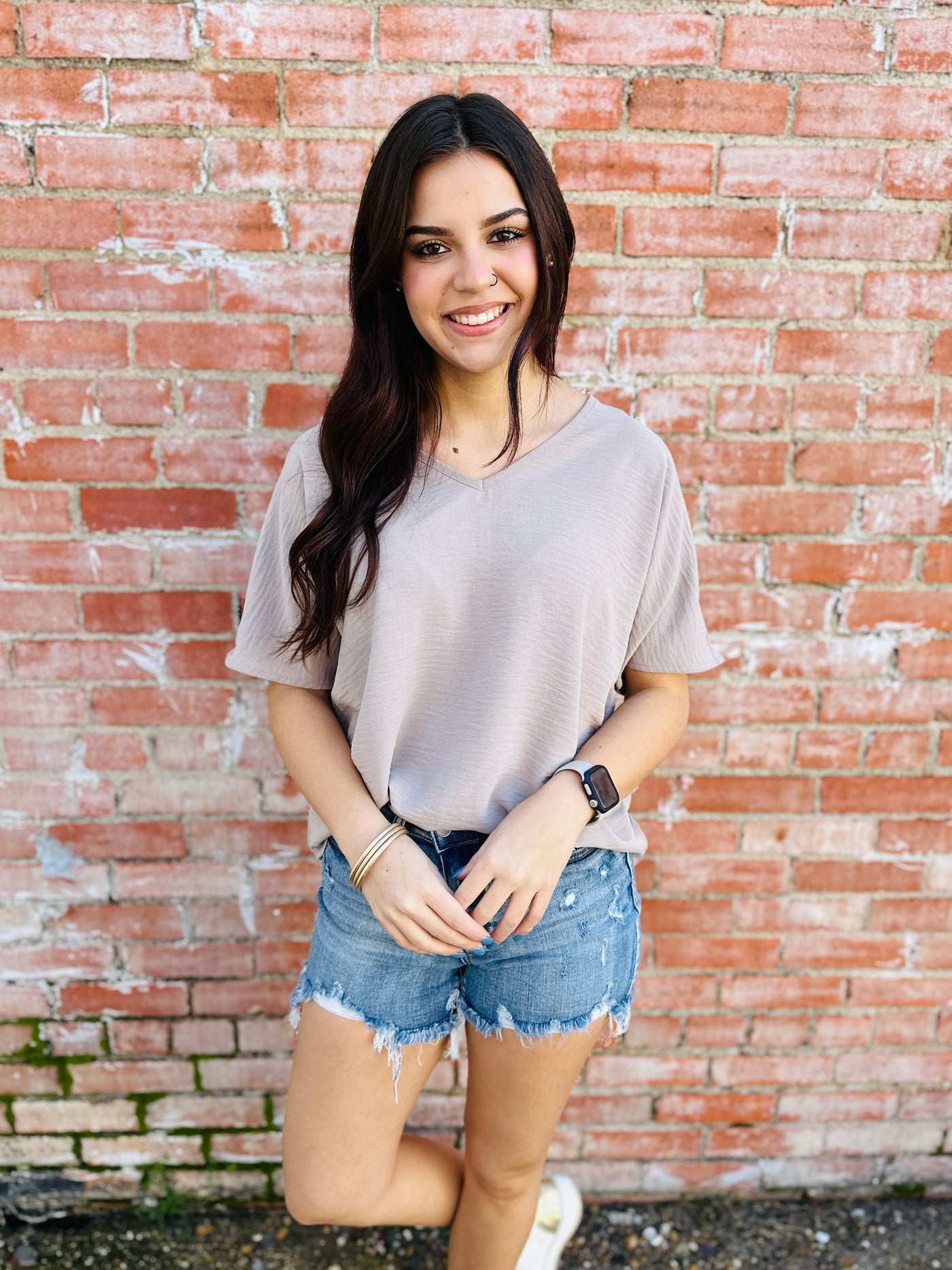 Lost In Time V-Neck Top • Light Mocha-Zenana-Shop Anchored Bliss Women's Boutique Clothing Store