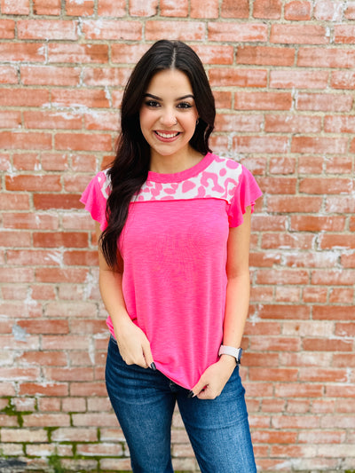 Happiest Here Leopard Ruffle Sleeve Top • Neon Pink-Bibi-Shop Anchored Bliss Women's Boutique Clothing Store