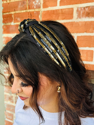 Between the Lines Sequin Headband Black & Gold-Golden Lily-Shop Anchored Bliss Women's Boutique Clothing Store