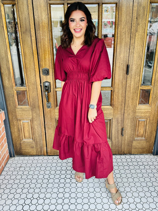 Can't Live Without You Bubble Sleeve Midi Dress • Wine-She+Sky-Shop Anchored Bliss Women's Boutique Clothing Store