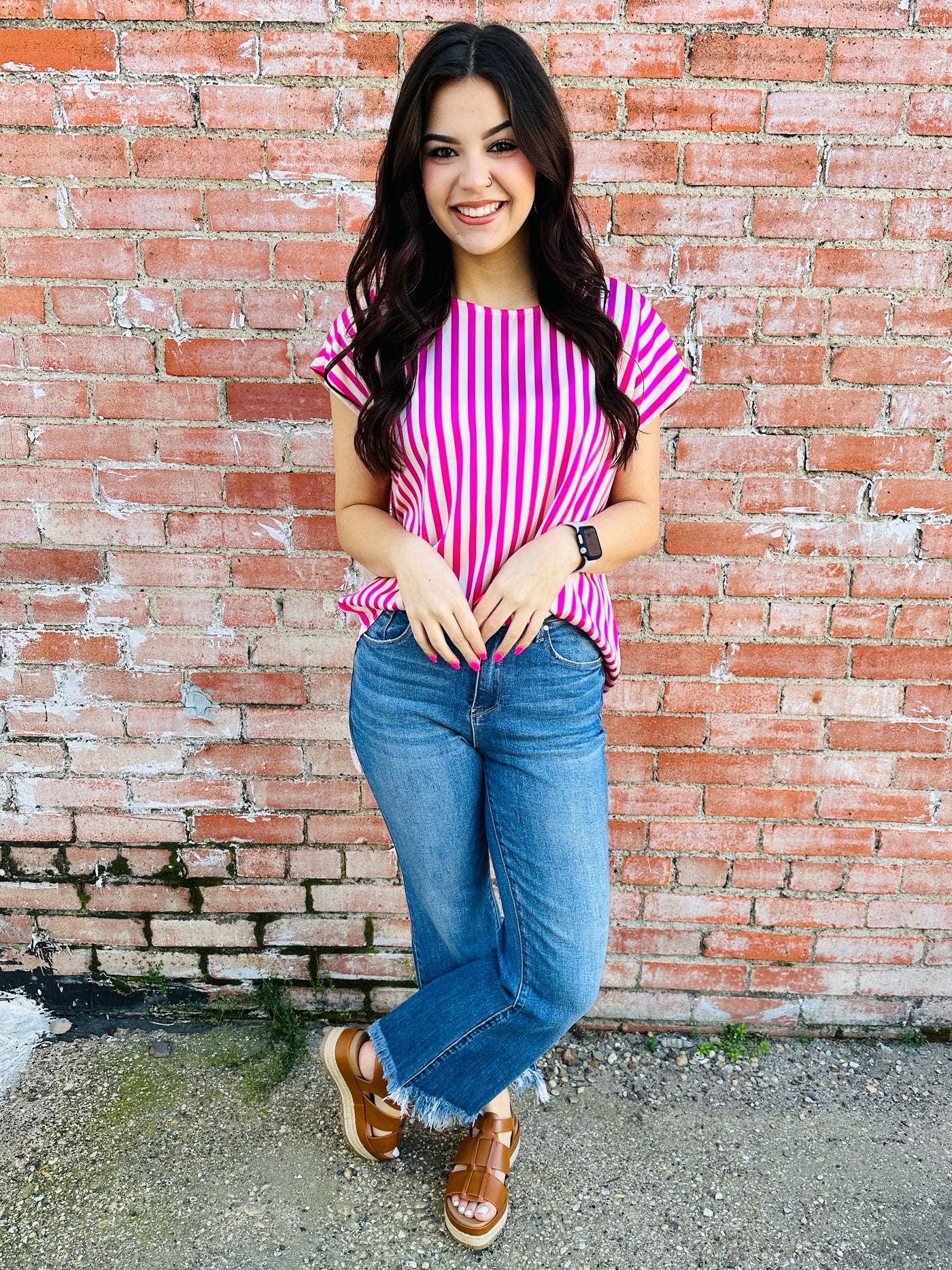 Given the Chance Striped Cap Sleeve Blouse • Hot Pink-Tracy Zelenuk-Shop Anchored Bliss Women's Boutique Clothing Store