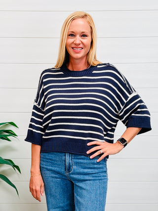 On My Mind Striped Drop Shoulder Sweater Top • Deep Navy-Blu Pepper-Shop Anchored Bliss Women's Boutique Clothing Store