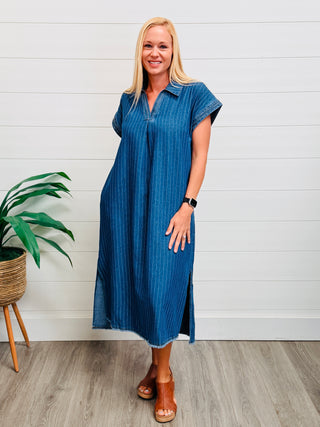 Pinstripe Perfection Collared Denim Midi Dress