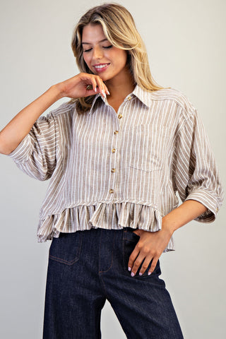 Everything to Me Striped Button Up Peplum Top • Brown-EESome-Shop Anchored Bliss Women's Boutique Clothing Store