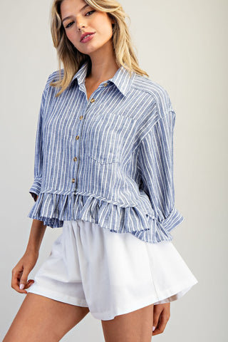 Everything to Me Striped Button Up Peplum Top • Blue-EESome-Shop Anchored Bliss Women's Boutique Clothing Store