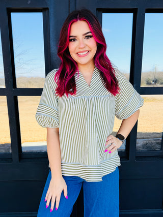 Stir it Up Striped Puff Sleeve Babydoll Top • Green-Umgee-Shop Anchored Bliss Women's Boutique Clothing Store