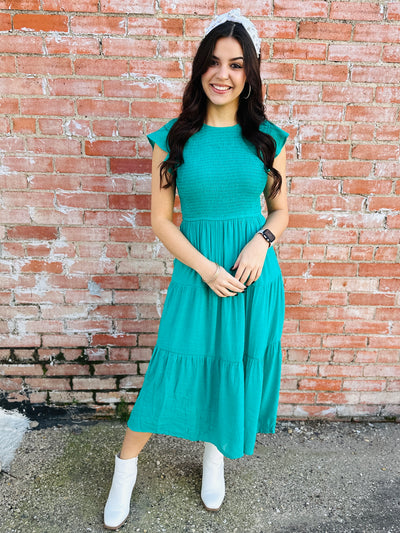 Chasing After You Tiered Dress • Emerald-Emerald Creek-Shop Anchored Bliss Women's Boutique Clothing Store