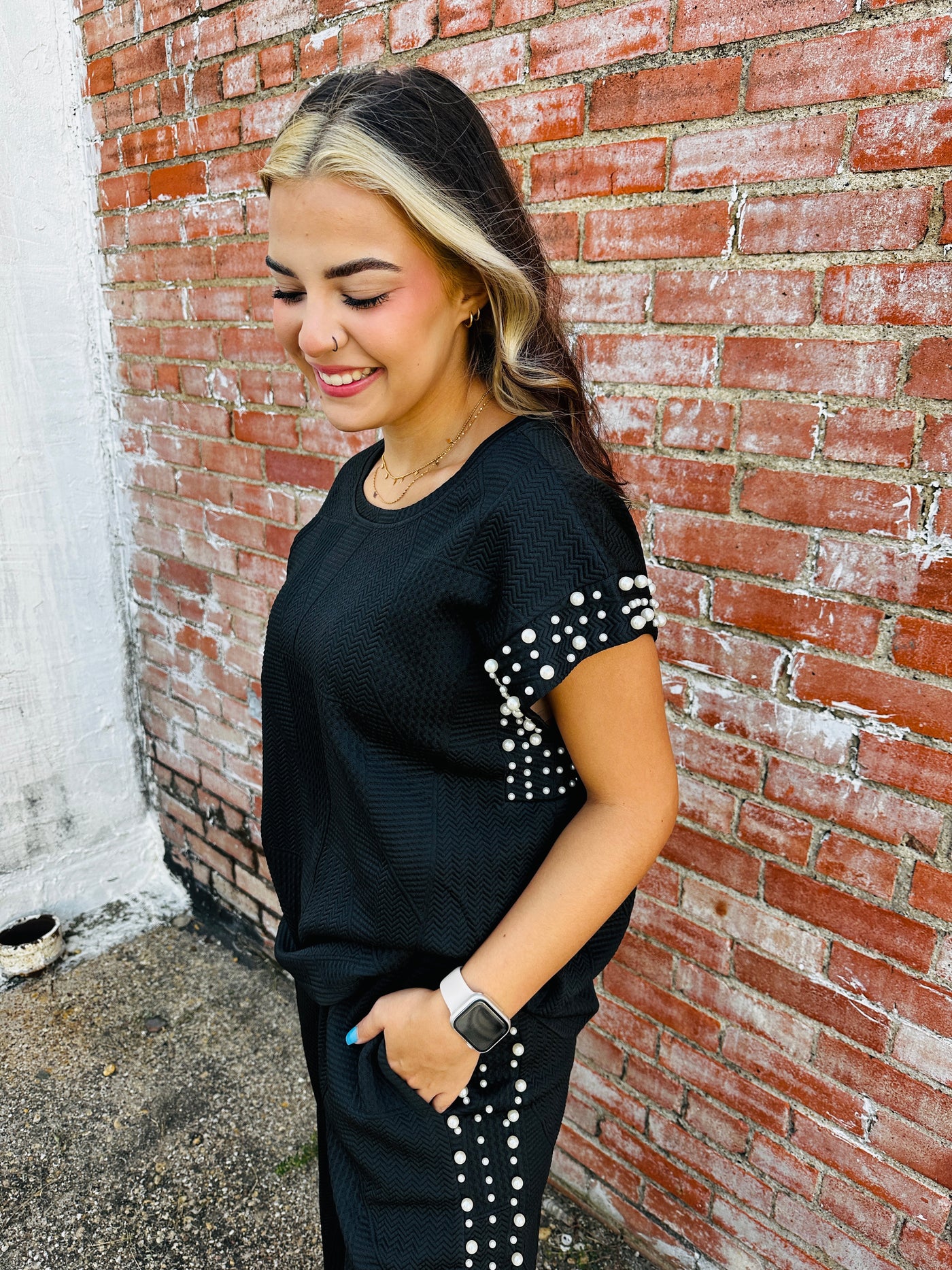 Thinking About You Textured Pearl Capped Sleeve Top • Black-Umgee-Shop Anchored Bliss Women's Boutique Clothing Store