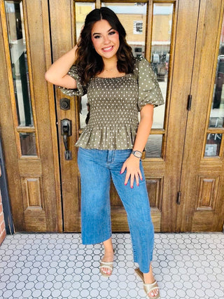 You Flatter Me Smocked Peplum Top • Olive-Stacey Kluttz-Shop Anchored Bliss Women's Boutique Clothing Store