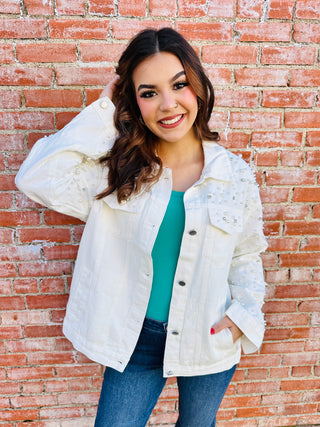 You're a Star Pearl & Rhinestone Denim Jacket White-Davi & Dani-Shop Anchored Bliss Women's Boutique Clothing Store