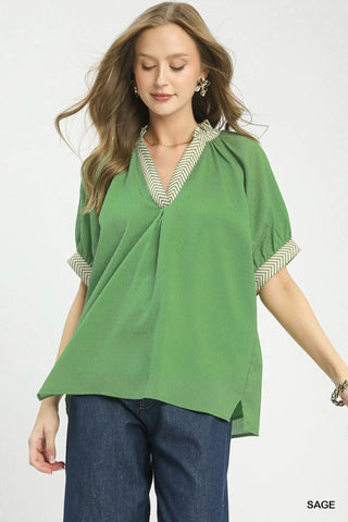 Want You To Know Chevron V-Neck Top • Green-Umgee-Shop Anchored Bliss Women's Boutique Clothing Store