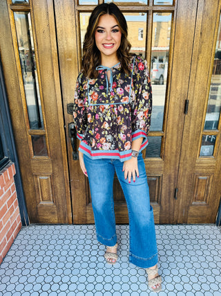 Call it Fate Vintage Floral Quarter Sleeve Top • Chocolate-Entro-Shop Anchored Bliss Women's Boutique Clothing Store