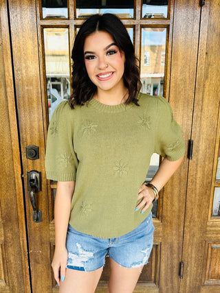 A Solid Love Knitted Flower Top • Olive-Oddi-Shop Anchored Bliss Women's Boutique Clothing Store