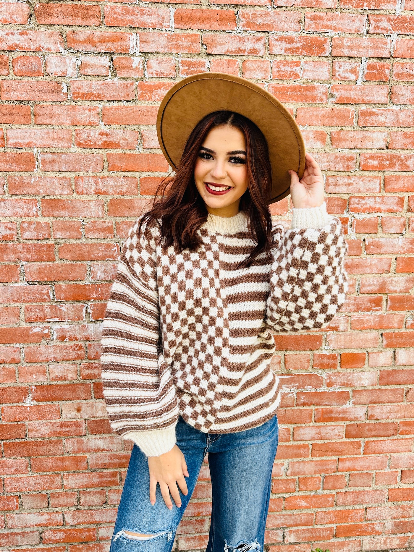 Just Between Us Striped and Checkered Sweater • Mocha-Blu Pepper-Shop Anchored Bliss Women's Boutique Clothing Store