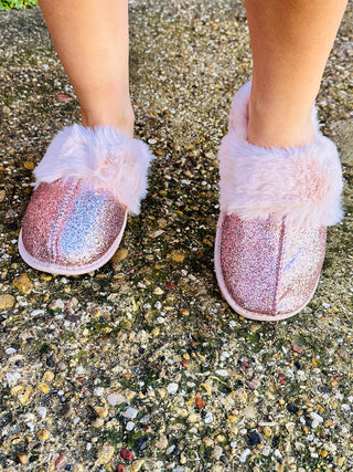 Glam Glitter Fuzzy Slippers • Pink-Ace Trading-Shop Anchored Bliss Women's Boutique Clothing Store