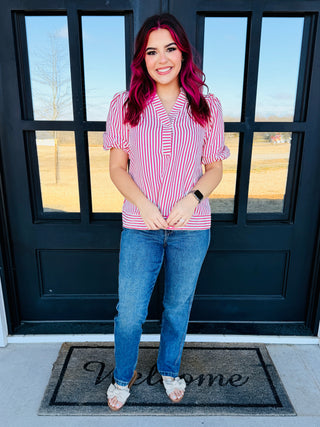 Keep It Straight Striped Puff Sleeve Top • Red-She+Sky-Shop Anchored Bliss Women's Boutique Clothing Store