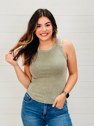 Made My Change Mineral Washed Ribbed Tank Top • Olive-Blu Pepper-Shop Anchored Bliss Women's Boutique Clothing Store